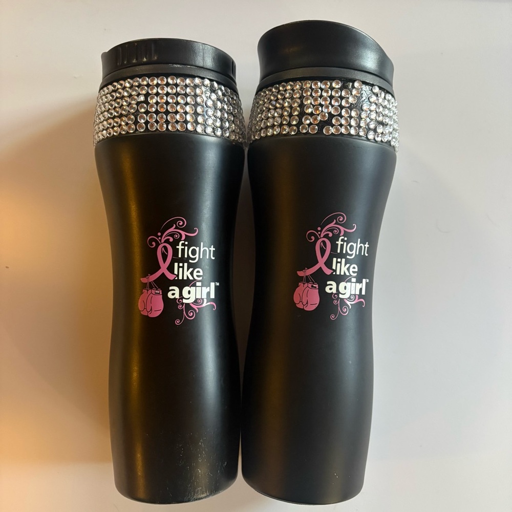 2 Pack Never Used Black and Pink Rhinestone “Fight like a girl” Travel Mugs